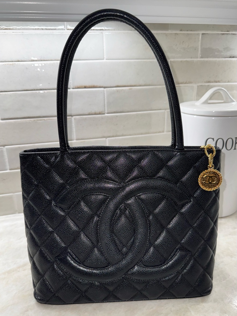 CHANEL Medallion Black Quilted Caviar Leather Vintage Shoulder Tote with Gold CC